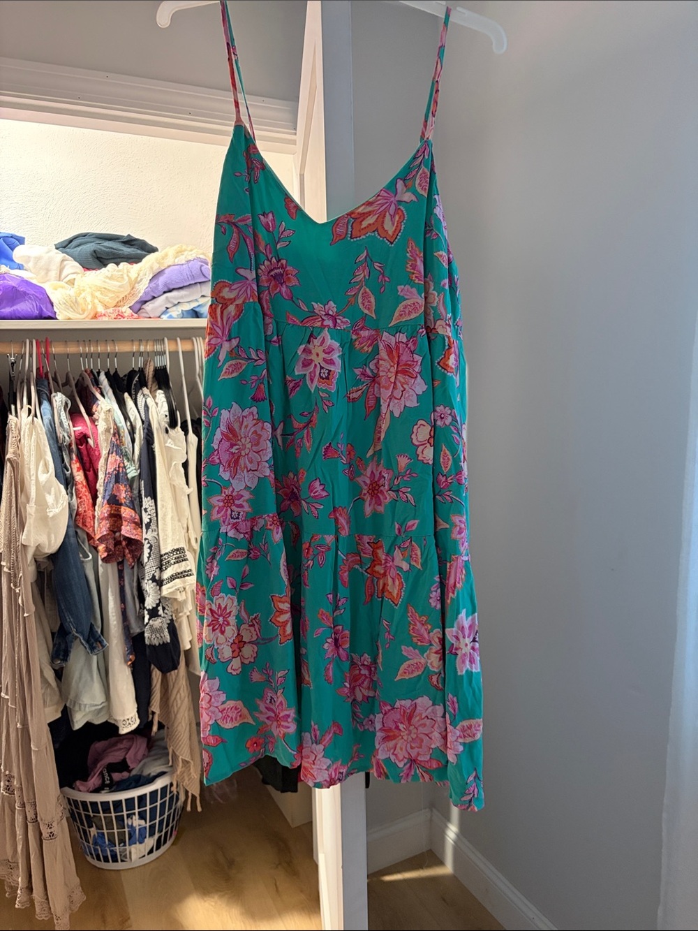 Teal Floral Spaghetti-Strap Mini Dress